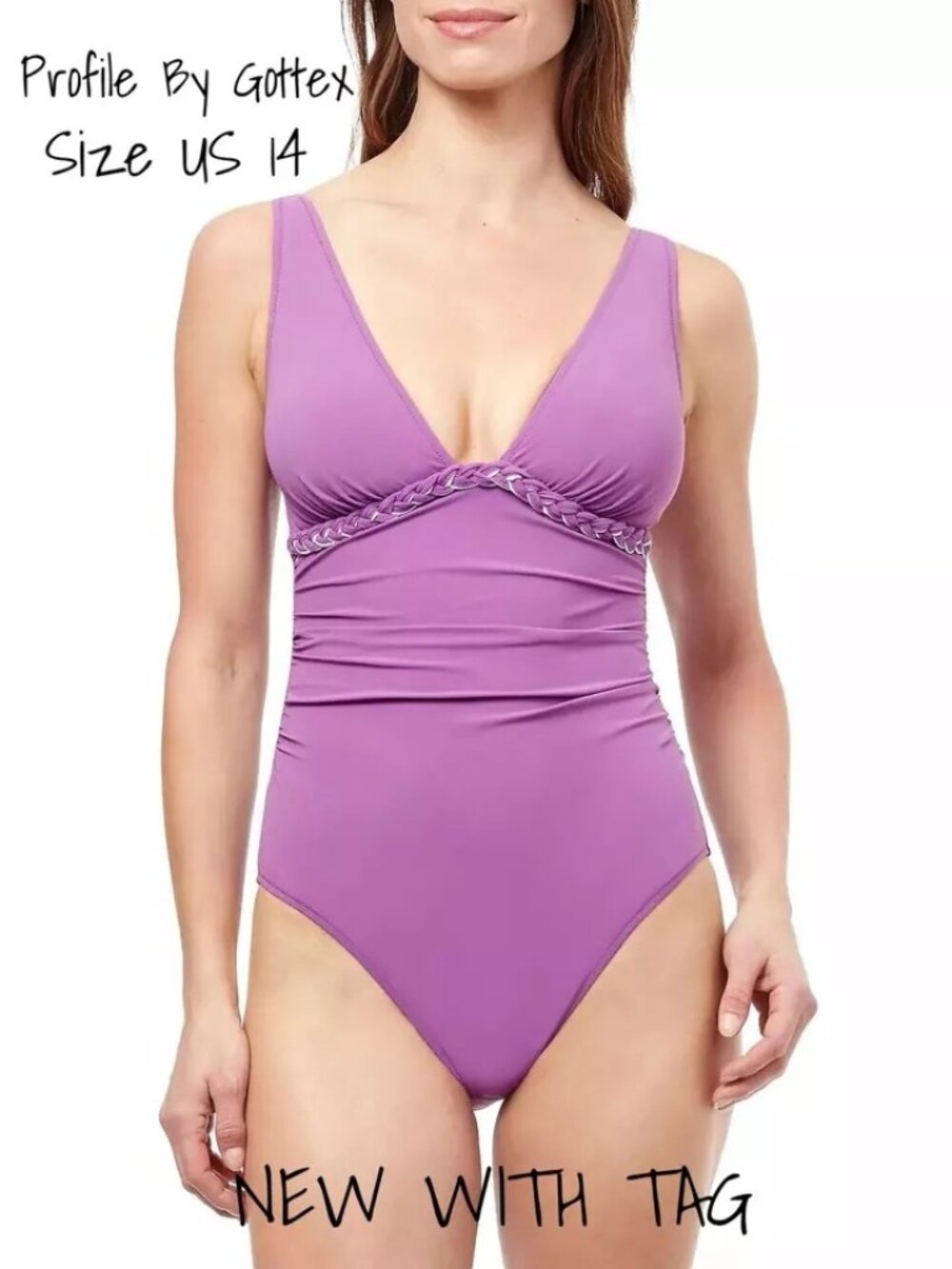 Profile By Gottex One-Piece Swimsuit V-Neck Purple Women's Size 14 New With Tag